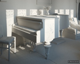 Clay render: final light setup for the piano perspective