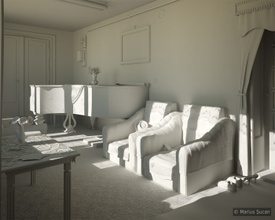 Clay render: final light setup for the armchairs perspective