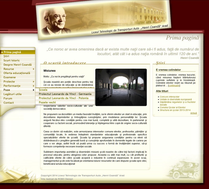 Site interface for Henri Coandă High School from Arad, Romania
